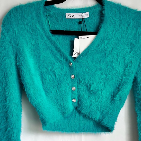 NWT ZARA Faux Fur Crop Sweater Cardigan- Teal - Picture 9 of 11